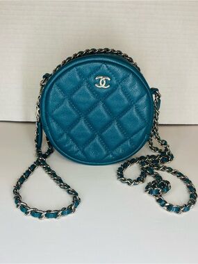 CHANEL Teal Quilted Round Crossbody Bag with Chain Strap